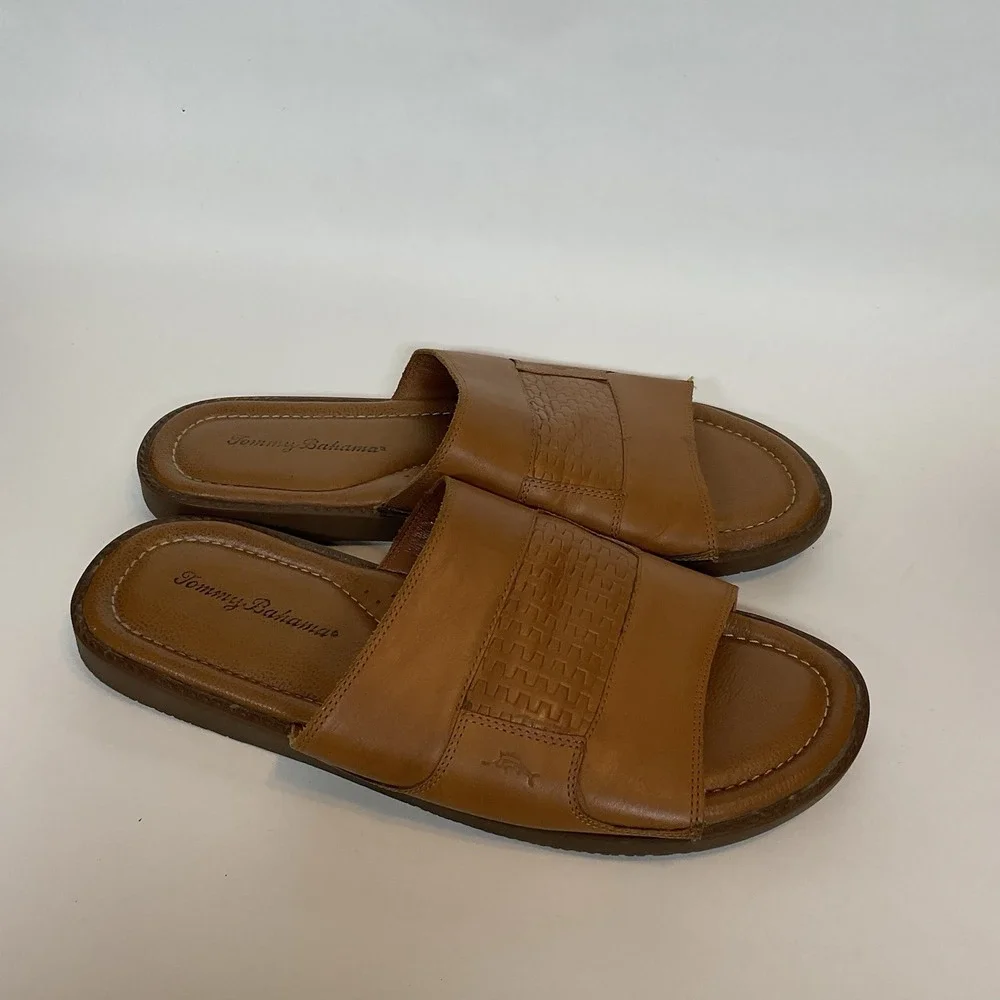 Tommy Bahama‎ Gennadi Palms Slide Sandals Men's Sz 11 Brown Textured Leather